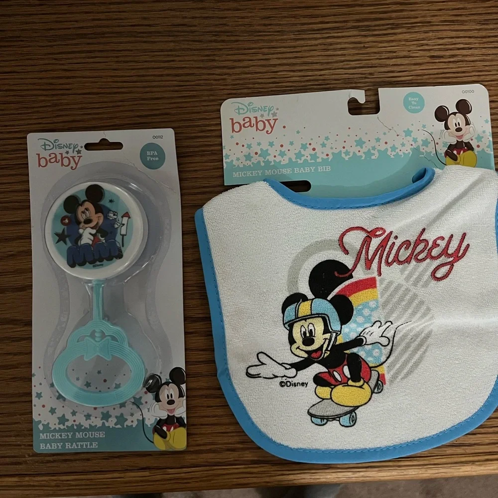 NEW Disney baby blue/white Mickey Mouse bib and bpa free rattle